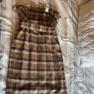 Anthro Strapless Plaid Belted Midi Dress in Brown Tones